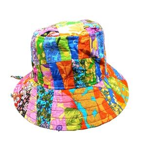 Bucket Hat Handmade Thailand Tropical Multicolor Patchwork Floral Womens